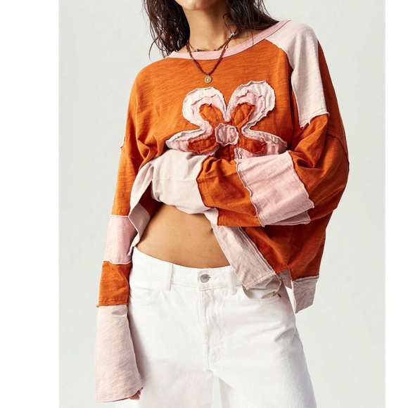 Boho Color block Floral Patch Reverse Stitch Oversized Long sleeve Top - Picture 3 of 6